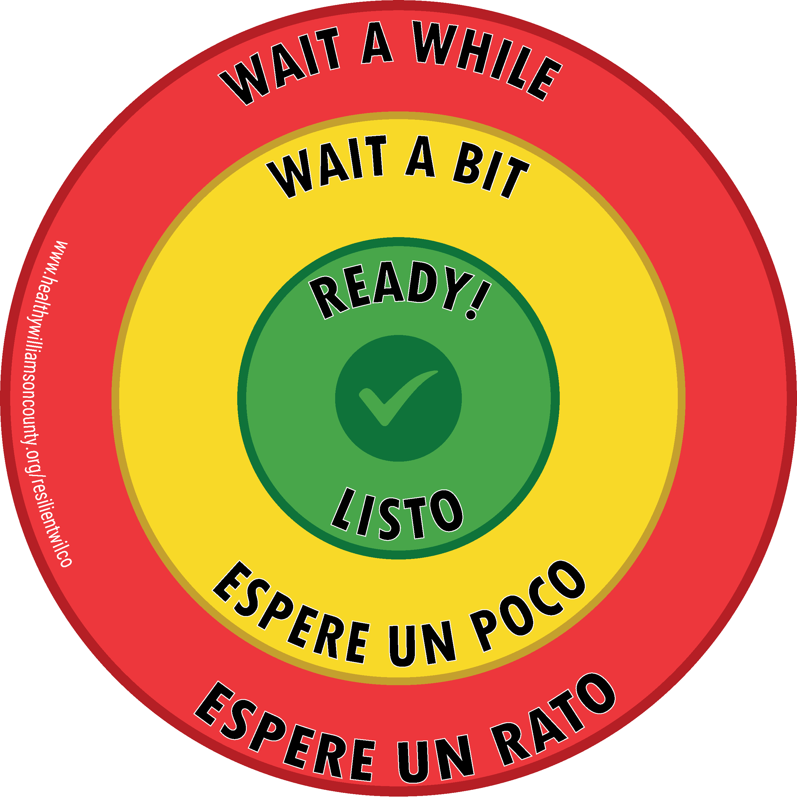 resilient wilco bullseye with levels (from outermost to innermost): "wait a while, wait a bit, ready!" and in spanish, "listo, espere un poco, espere un rato"