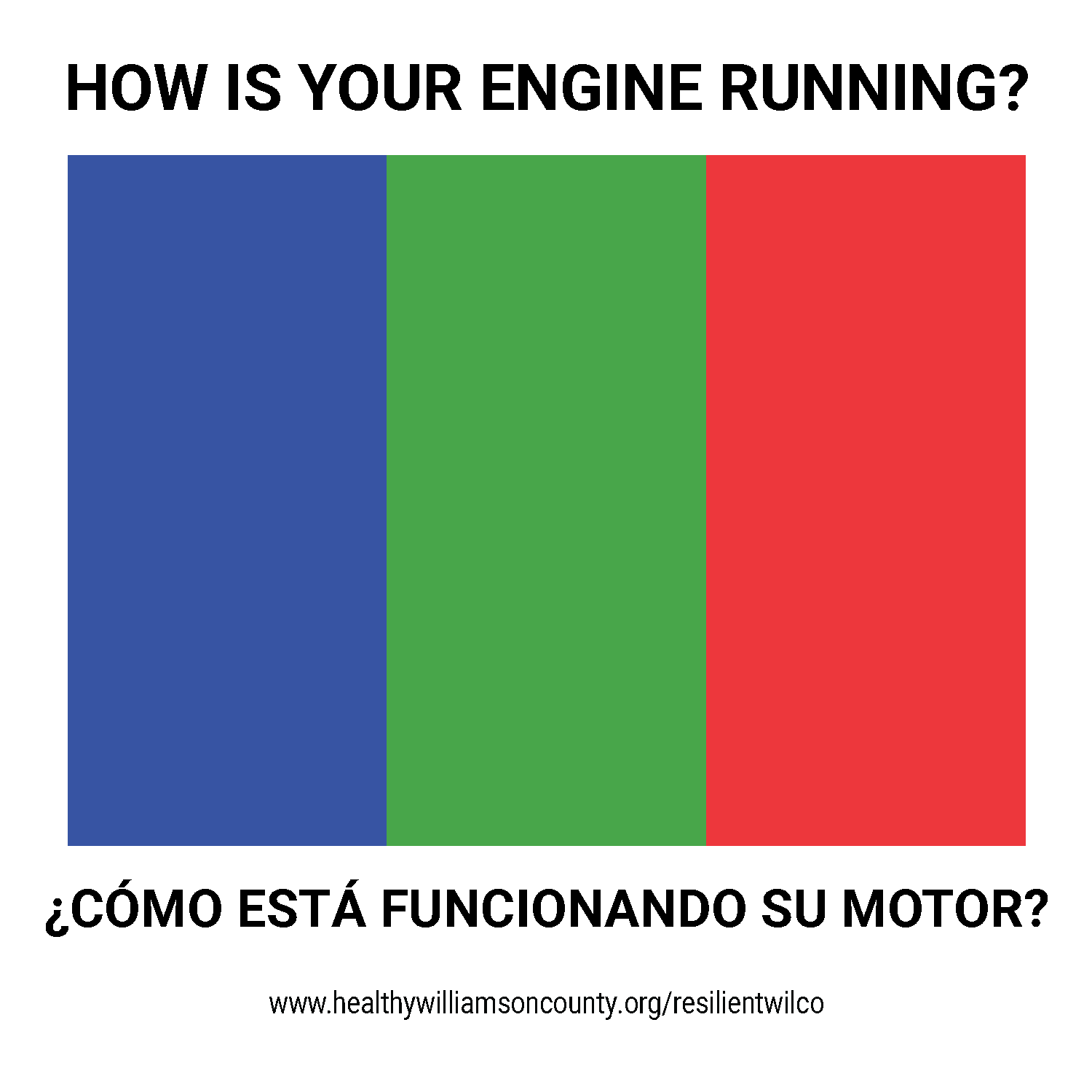 "how is your engine running?" with three rectangles beneath, one blue, one green, and one red. below, the title in spanish: "como esta funcionando su motor?"